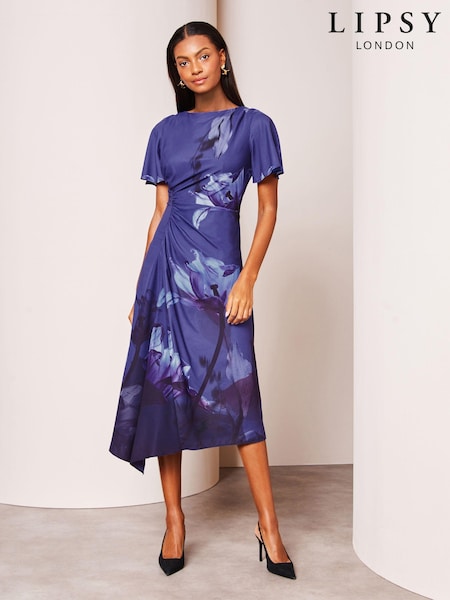 Marineblau mit floralem Muster - Lipsy Ruched Asymmetricalmetrical Flutter Sleeve Midi Dress (K72150) | 22 €