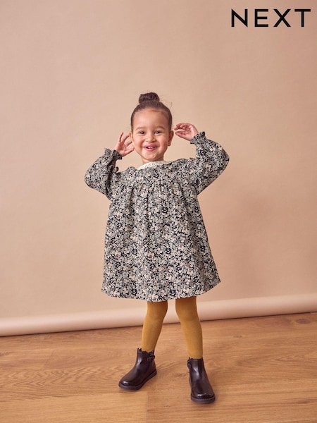 Black Ditsy 100% Cotton Lace Collar Dress And Tights Set (3mths-8yrs) (K72152) | €18 - €25