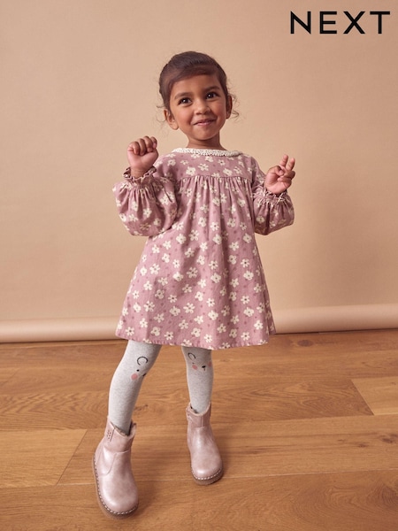 Lilac Purple Floral 100% Cotton Lace Collar Dress And Tights Set (3mths-8yrs) (K72153) | €11 - €13.50