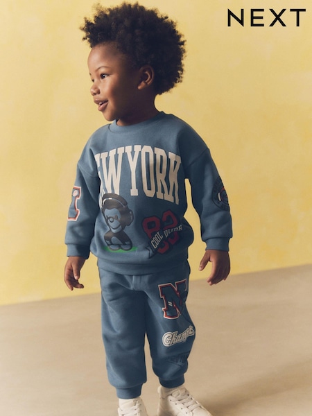 Blue New York Varsity All Over Print Crew Neck Sweatshirt and Joggers Set (3mths-7yrs) (K72256) | AED67 - AED81