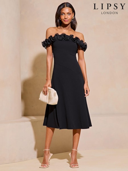 Ruffle Bardot Fit And Flare Midi Dress (K72273) | 300 LEI