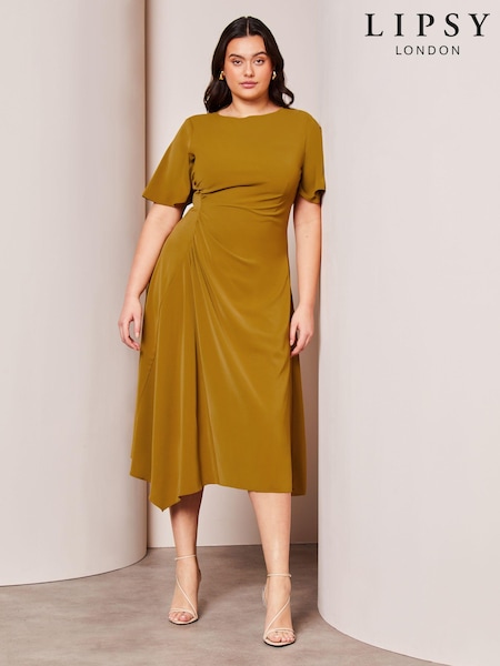 Lipsy Green Curve Ruched Asymmetrical Flutter Sleeve Midi Dress (K72276) | €40