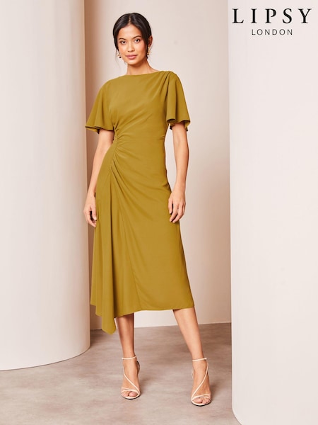 Lipsy Green Tall Ruched Asymmetricalmetrical Flutter Sleeve Midi Dress (K72280) | 226 QAR