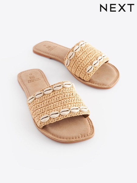Neutral Regular/Wide Fit Forever Comfort® Raffia Mules With Shell Detail (K72469) | €24