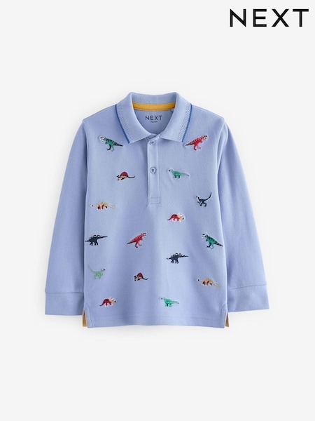 Blue Dinosaurs Long Sleeve Quarter Zip 100% Cotton All-Over Embroidered Polo Shirt (3mths-7yrs) (K72587) | €12 - €14