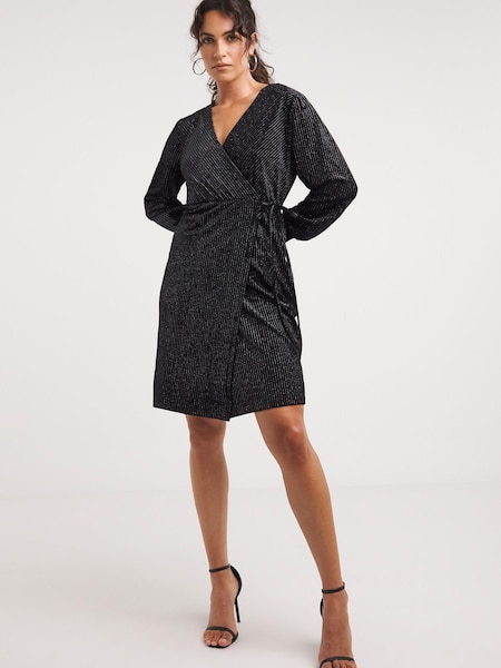 JD Williams Black Velvet Glitter Stripe Wrap Dress (K72669) | €24