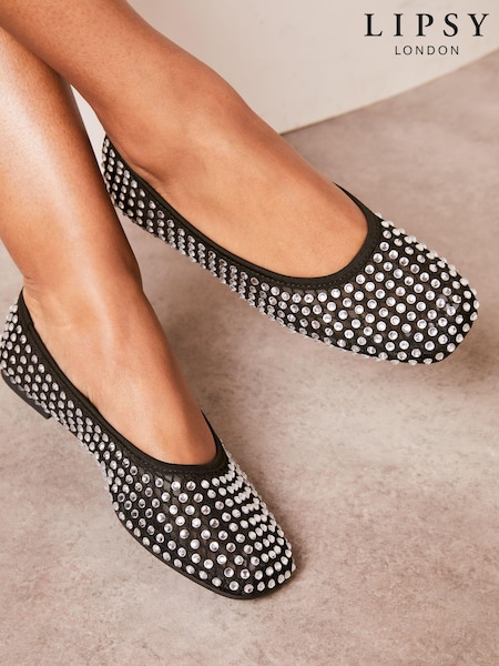Lipsy Black Flat Mesh Embellished Diamante Ballet Pump (K72674) | €27