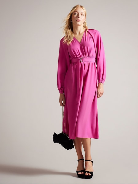 Roz - Rochie cămașă Midi Comus Ted Baker, cu gât adunat (K73157) | 731 LEI
