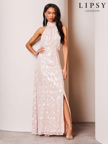 Lipsy Blush Pink Bridesmaid Halter Metallic Split Maxi Dress (K73178) | 269 QAR
