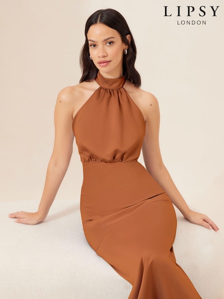 Lipsy Rust Brown Halter Neck Empire Bridesmaid Satin Maxi Dress (K73197) | 222 QAR