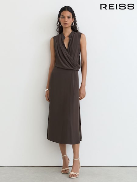 Σκούρο γκρι - Reiss Gracie Drape-detail Band-collar Midi Dress