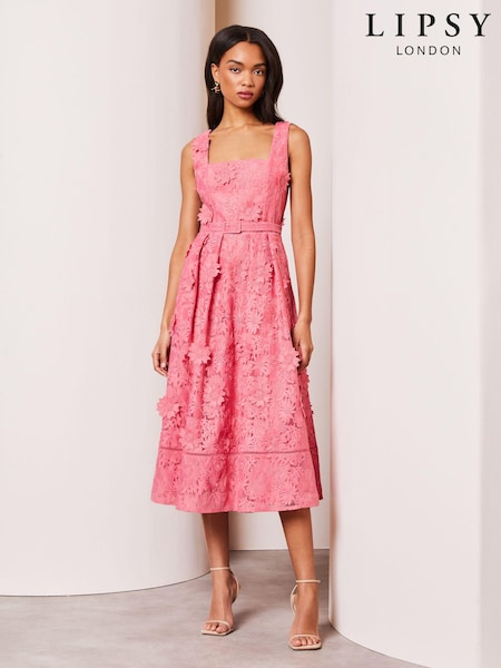 Lipsy Pink Premium 3D Lace Embroidery Floral Midi Prom Dress (K73351) | €98