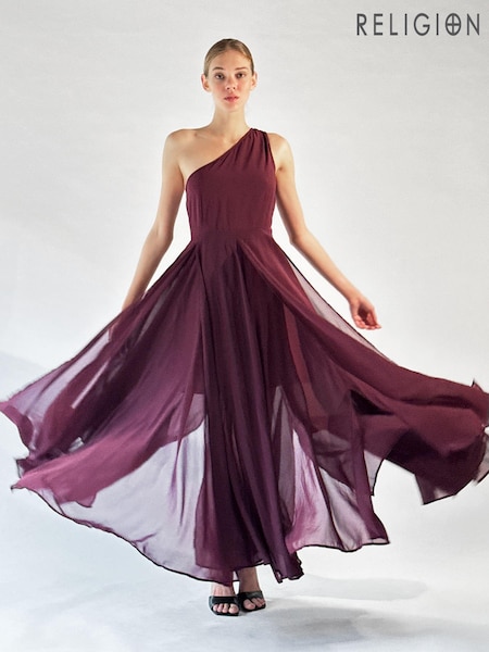 Religion Burgundy Red One Shoulder Maxi Dress In Silver Foil Textured Fabric (K73529) | €66