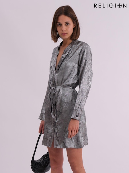 Religion Silver Metallic Long Line Fold Tunic Dress With Skinny (K73530) | 168 QAR