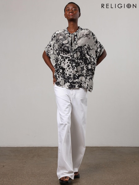 Religion Black/Grey Oversized Blouse in Dip Dye With Tie Neck (K73532) | €50