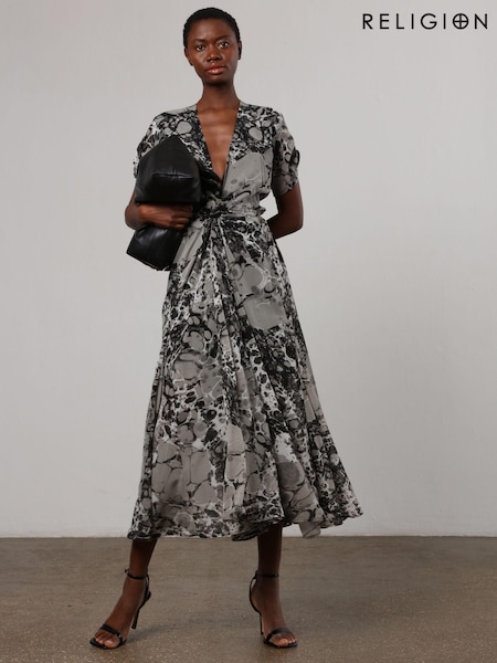 Religion Black & Grey Marble Print Delight Maxi Wrap Dress With Cap Sleeve in Beautiful Prints (K73539) | 247 QAR