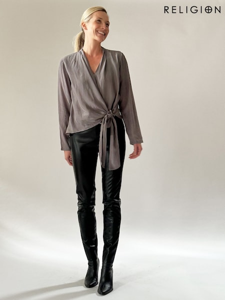 Religion Grey Long Sleeve Tie Front Double Layer Top In Cupro (K73541) | €43