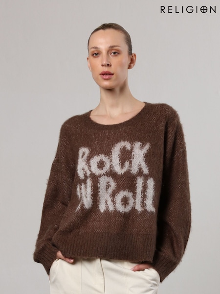 Religion Brown Oversized Slogan Jumper In Soft Fluffy Knit (K73547) | $133