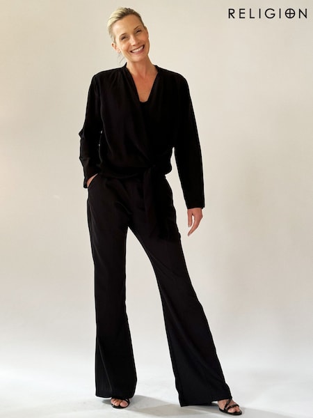 Religion Black Long Sleeve Tie Front Double Layer Top In Cupro (K73551) | €43