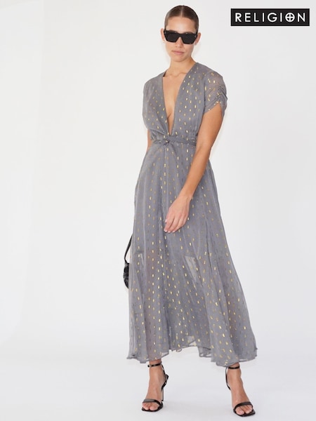 Religion Grey Wrap Maxi Dress With Full Skirt In Grey Dot On Grey (K73562) | €79