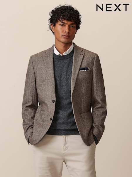Taupe Regular Fit Wool Rich Herringbone Blazer (K73578) | €112