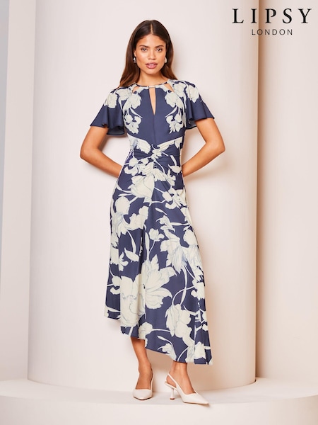 Imprimeu floral - Rochie midi asimetrică decupată în față cu decupaj în formă de gaura cheii Lipsy (K73612) | 295 LEI