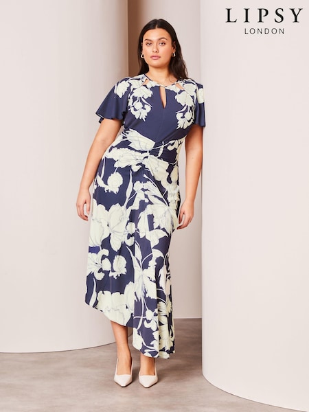 Lipsy Ruched Front Keyhole Cut Out Asymmetrical Midi Dress (K73635) | €36
