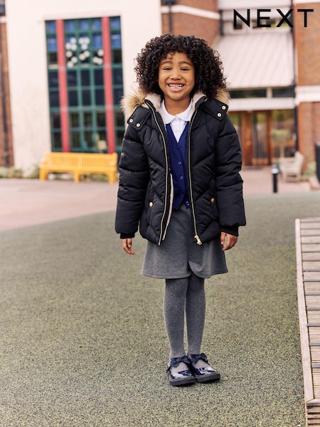 Black Shower Resistant Faux Fur Trim Padded Coat (3-16yrs) (K73645) | AED183 - AED234