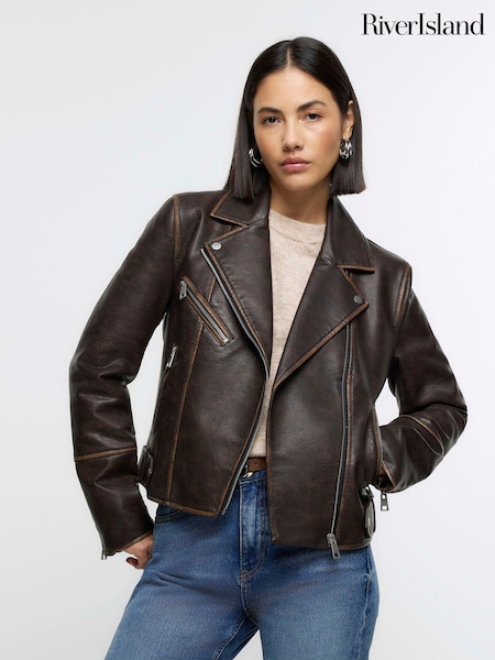 River Island Brown Faux Leather Distressed Biker Jacket (K74068) | €86