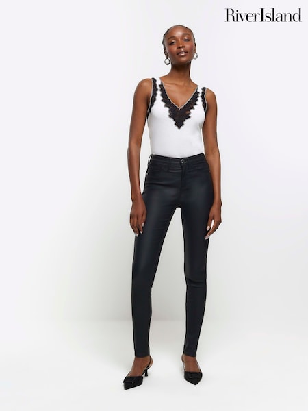 River Island Black Mid Rise Bum Sculpt Coated Jeans (K74084) | $86