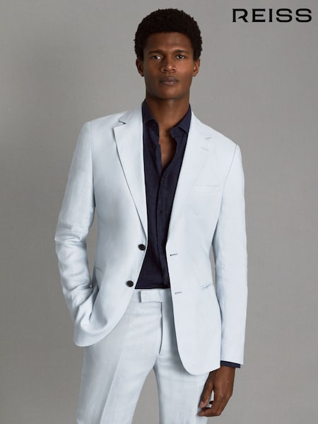 Reiss Soft Blue Kin Slim Fit Single Breasted Linen Blazer (K74349) | €454