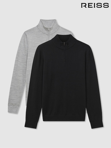 Reiss Black/Soft Grey Blackhall 2 Pack 2 Pack Of Merino Wool Zip-Neck Jumpers (K74405) | €140