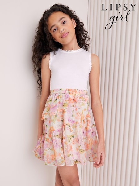 Lipsy White/Pink Chiffon Skirt Dress (5-16yrs) (K74439) | AED33 - AED42