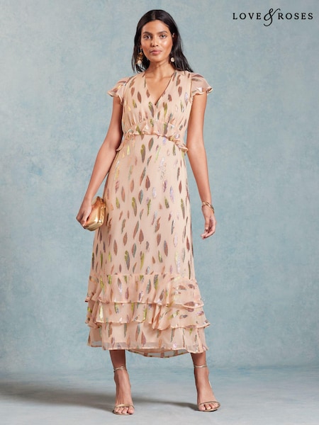 Love & Roses Pink Metallic Ruffle Detail Cap Sleeve Midi Dress (K74440) | €15.50