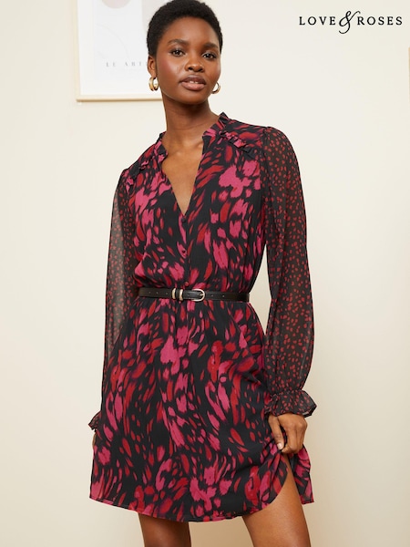 Love & Roses Chiffon V Neck Elasticated Sleeve Belted Mini Dress (K74458) | 196 LEI