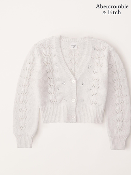 Abercrombie & Fitch Cream Textured Pointelle Cropped V-Neck Knitted Cardigan (K74473) | € 26