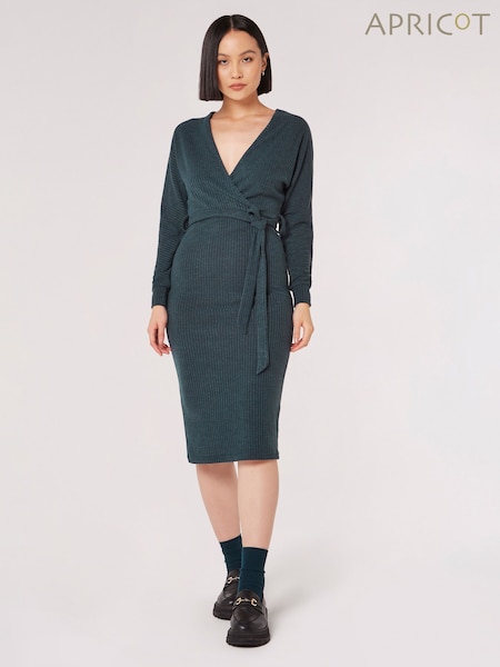 Apricot Green Ribbed Batwing Wrap Midi Dress (K74498) | AED97