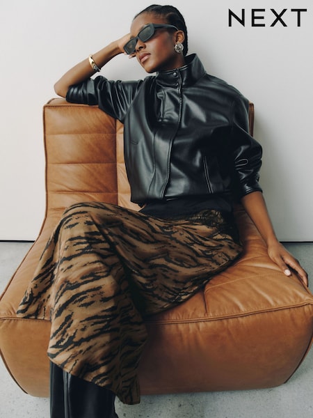 Orange/Black Tiger Print - Satin Midi Skirt
