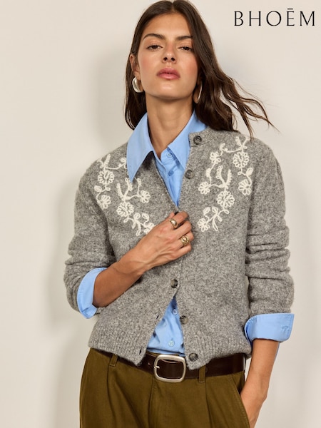 Grey - Embroidered Cardigan