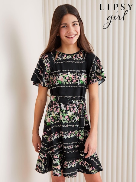 Lipsy Black Cut Out Flutter Sleeve Dress (5-16yrs) (K74761) | AED76 - AED97