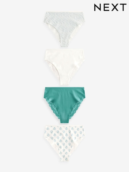 Green/White Print High Rise High Leg Cotton and Lace Knickers 4 Pack (K74778) | €10