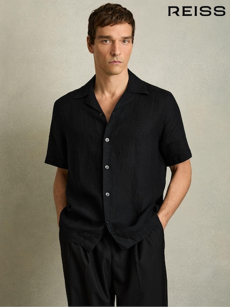 Reiss Black Beldi Relaxed Linen Cuban Collar Shirt (K74854) | AED634