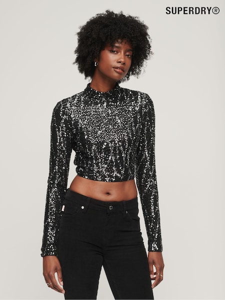 SUPERDRY Black Long Sleeve Sequin Crop Top (K74889) | €17.50