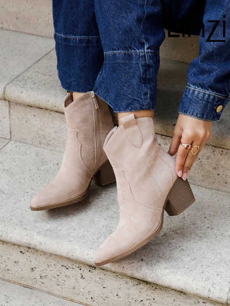 Linzi Natural Suede Jessie Faux Suede Western Ankle Boots (K74976) | €69