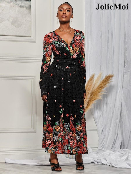 Negru Roșu - Rochie Dantelă maxi Imprimeuri simetrică Jolie Moi Amica (K74984) | 396 LEI