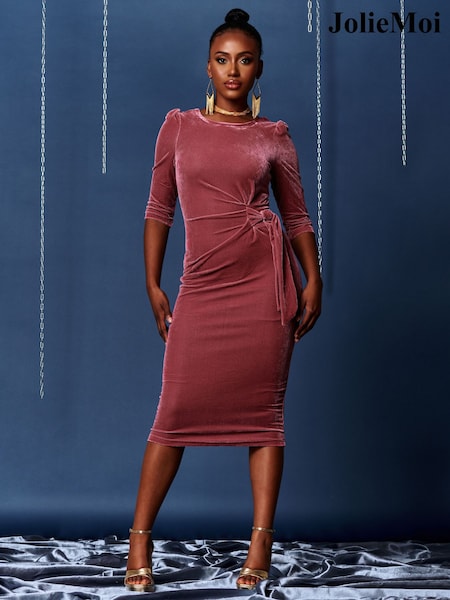 Jolie Moi Pink 3/4 Sleeve Tie Detail Velvet Midi Dress (K74985) | €28