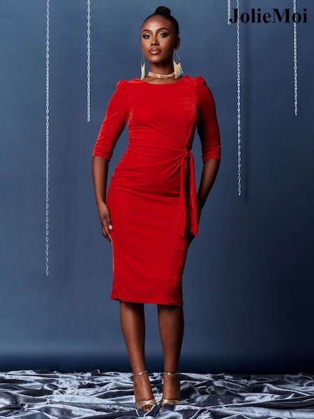 Jolie Moi Red Velvet Tie Detail Bodycon Dress (K74987) | €20