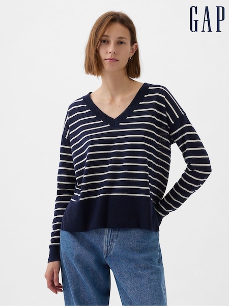 Gap Navy/Blue Linen Blend V Neck Split Hem Jumper (K75039) | €17