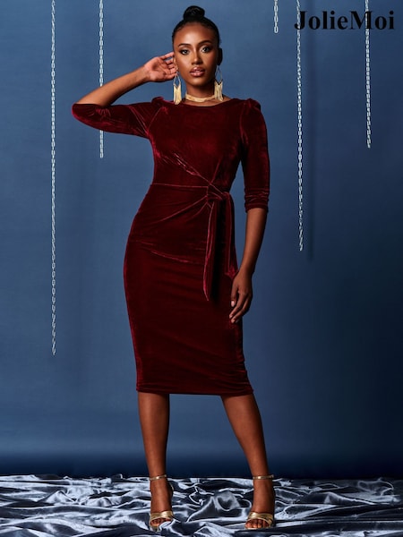 Jolie Moi Red Velvet Tie Detail Bodycon Dress (K75116) | €41.50