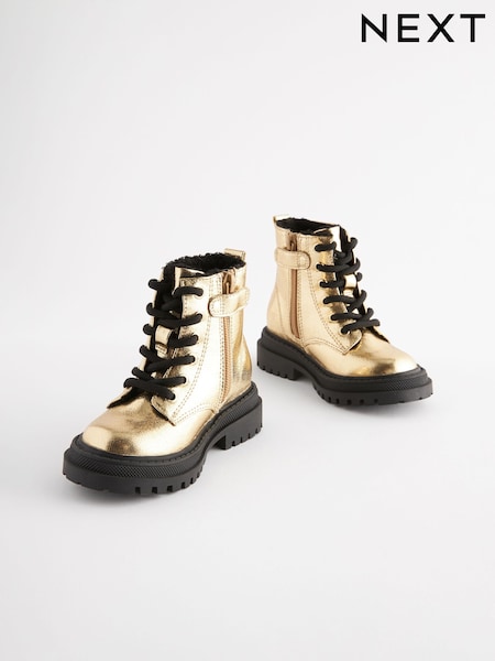 Gold Metallic Standard Fit (F) Chunky Lace-Up Ankle Boots (K75304) | 90 QAR - 103 QAR
